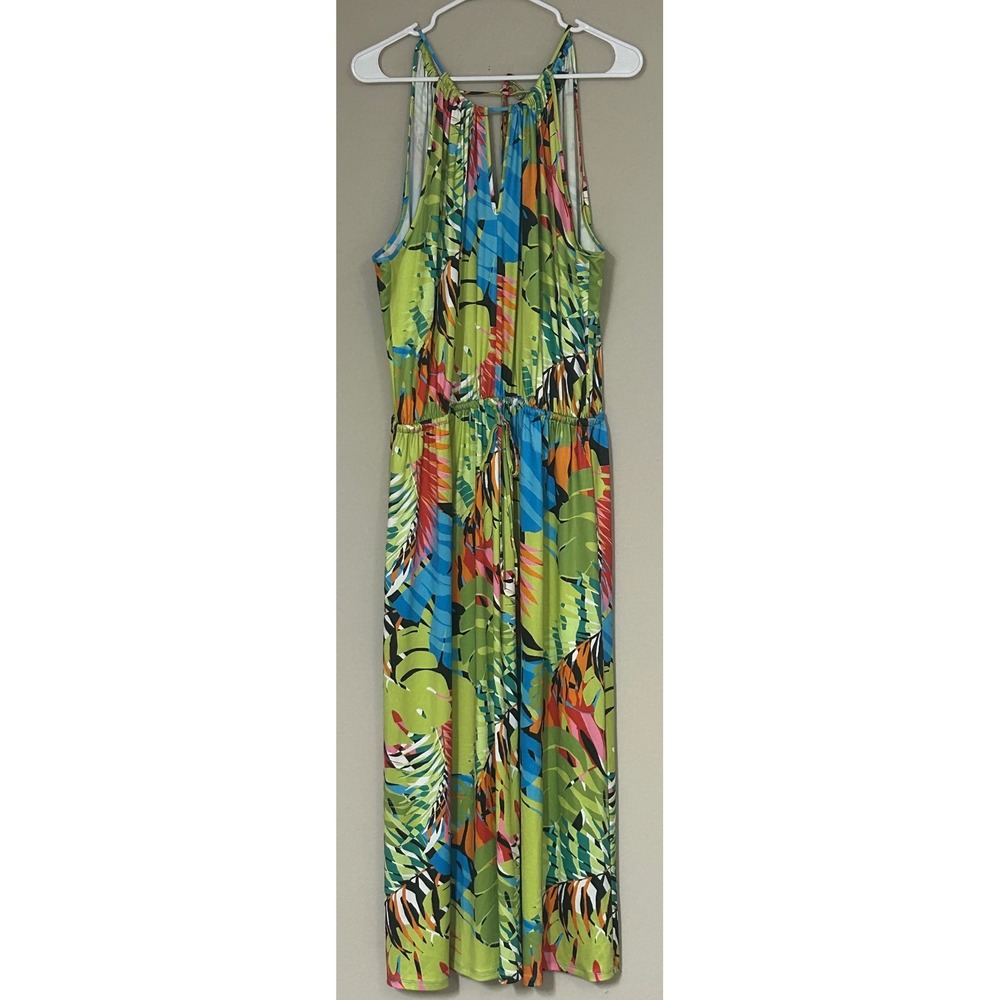 N Natori Tropical Leaf Print Maxi Dress Halter Neck Green Blue XL NEW